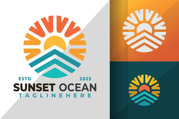 Sunset Ocean Circle Logo Icon Vector Design Illustration