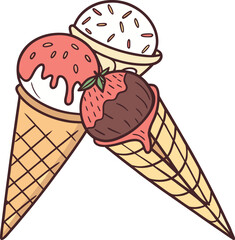 Vector illustration of a colorful ice cream cone with scoops and a waffle cone