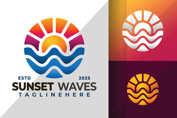 Sunset Waves Beach Logo Icon Vector Design Illustration