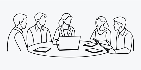 Business team meeting line art vector illustration. Minimalist group of professionals collaborating at a round table with laptops and documents. Concept of corporate discussion and strategy.