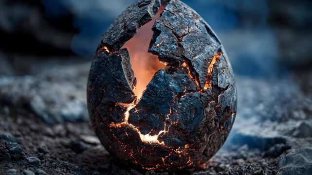 Cracked volcanic egg revealing fiery core