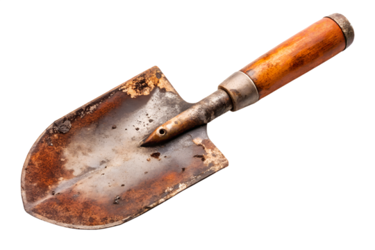 Old rusty garden trowel with wooden handle isolated on transparent background