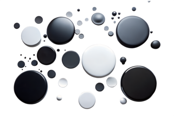 Abstract arrangement of glossy black and white circles and spheres isolated on transparent background
