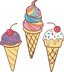 Vector illustration of a colorful ice cream cone with scoops and a waffle cone