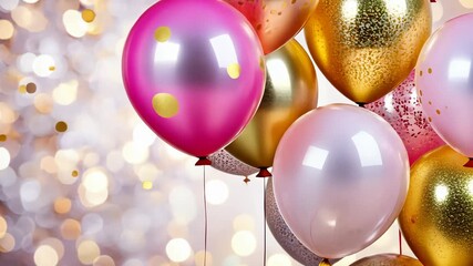 Celebratory Balloons: A vibrant gathering of helium-filled balloons in radiant shades of pink, gold, and champagne floats against a soft, bokeh background. - Powered by Adobe