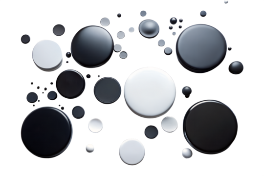 Abstract arrangement of glossy black and white circles and spheres isolated on transparent background