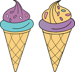 Vector illustration of a colorful ice cream cone with scoops and a waffle cone