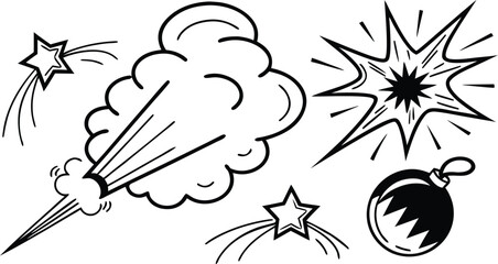 Black and white comic style explosion star and bomb elements shooting star vector