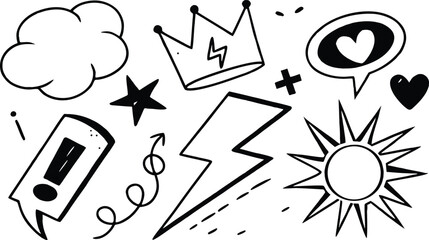 Black and white doodle elements including a cloud crown star lightning bolt sun speech bubble and heart