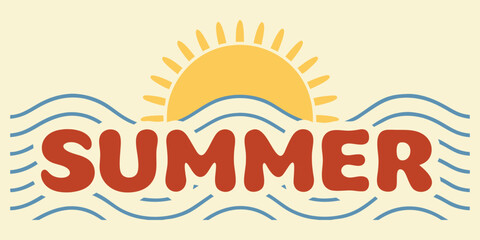 Retro Summer vector graphic. Bold stylized text with sun and ocean waves. Vintage style illustration for seasonal banner, beach holiday, vacation, social media, and print design projects.