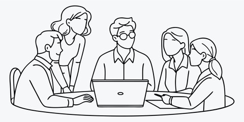 Business team meeting line art vector illustration. Minimalist group of professionals discussing around a table with a laptop. Concept of teamwork, collaboration, and modern office communication.