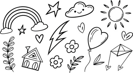Black and white doodle elements of sun cloud rainbow star heart flower house kite and plant drawing sketch