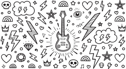 Black and white doodle pattern with electric guitar lightning bolts skulls hearts stars and rainbows
