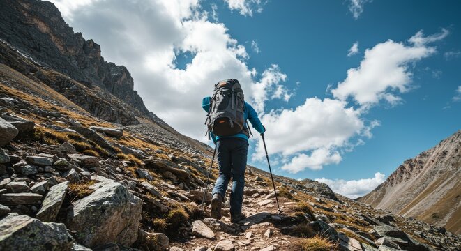 A hiker with backpack and poles ascending a rocky mountain