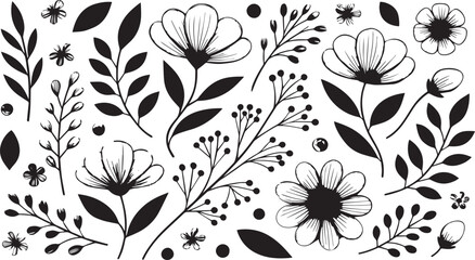 Black and white hand drawn floral elements and leaves scattered on white background botanical illustration