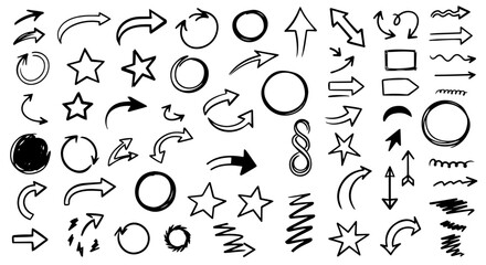 Set of hand drawn arrows, circles, stars, and underline icons isolated on transparent or white background. Vector illustration. Collection of doodle sketch design elements.