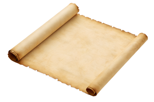 Ancient parchment scroll with aged texture and rolled edges isolated on transparent background