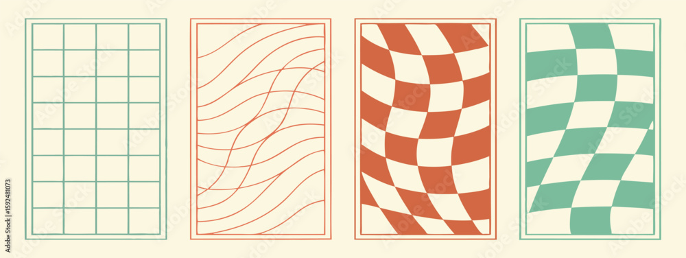 Aufkleber set of abstract wavy grid vector backgrounds. modern psychedelic distorted patterns in colorful mini