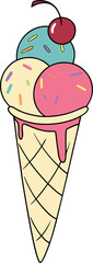 Vector illustration of a colorful ice cream cone with scoops and a waffle cone