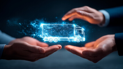 Two male hands frame a glowing holographic cargo truck, suspended in mid-air. Futuristic logistics concept, clean background, high-tech, sharp details, modern transport technology.

