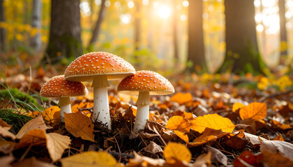 Three Red And White Mushrooms Among Autumn Leaves In A Sunlit Forest