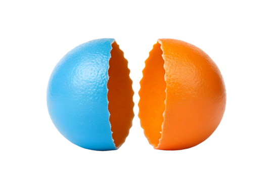 Two halves of a cracked easter egg one blue and one orange isolated on transparent background