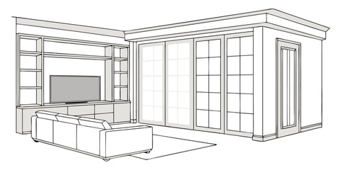 Modern living room interior line art vector illustration. Cozy home design with sofa, TV unit, and built-in shelving. Architectural sketch for apartment decor, renovation, and real estate concepts.