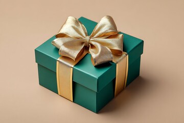 Obraz premium Elegant green gift box tied with a shimmering golden ribbon and bow
