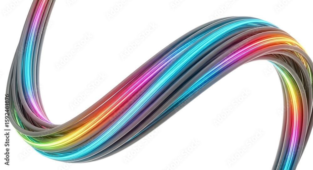 Poster abstract rendering of a multi-colored cable or wire bundle twisting and turning against a white back