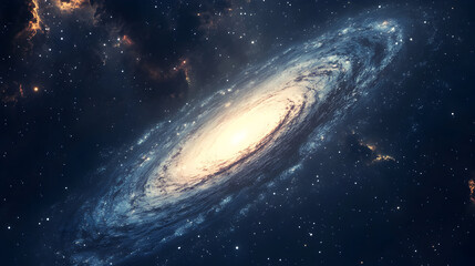 Fototapeta premium A spiral galaxy swirls in a dark expanse of space displaying cosmic dust.