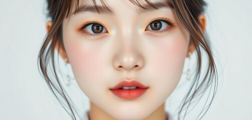 Fototapeta premium Close-up, Asian teen, Korean makeup, white backdrop, model, closeup