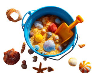 Seashells and sand in a blue bucket.