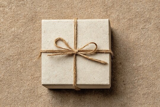 Top view of a minimalist cardboard gift box tied with jute string
