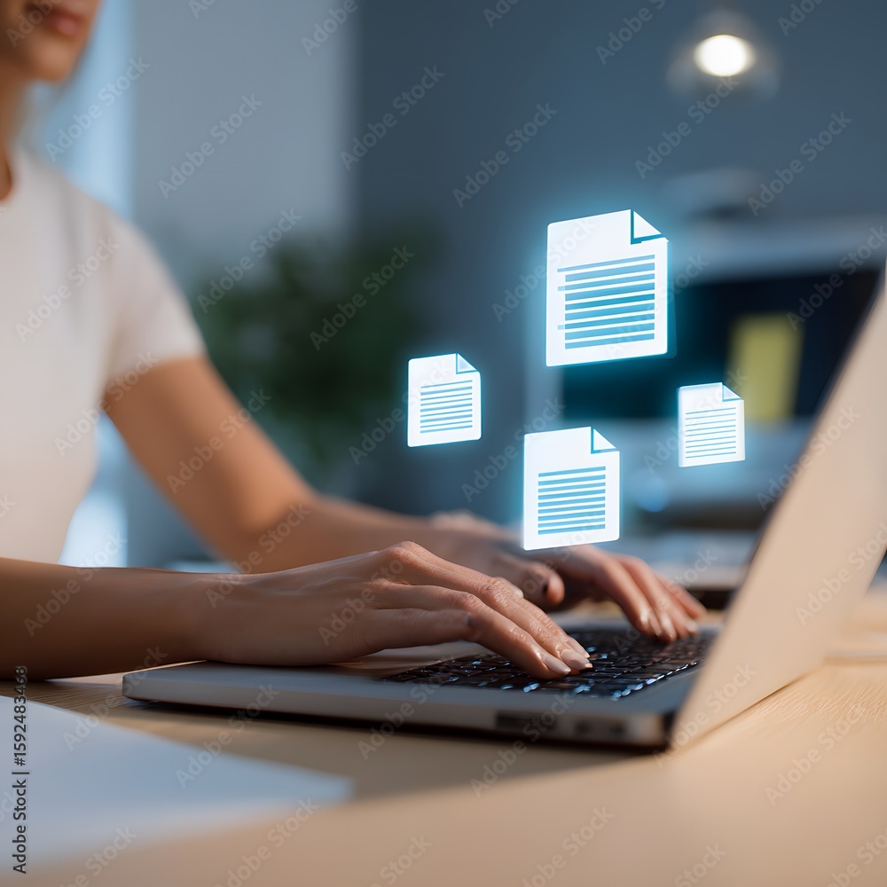 Aufkleber woman typing on laptop with digital document icons floating above the computer screen in a modern of
