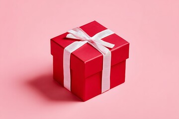 Fototapeta premium Elegant Red Gift Box with White Ribbon on Light Pink Background Studio Shot