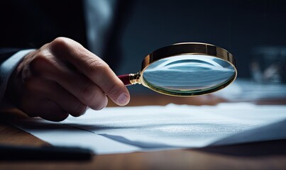 Close-up of a person examining documents with a magnifying glass