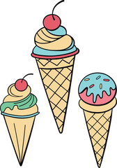 Vector illustration of a colorful ice cream cone with scoops and a waffle cone