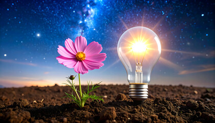 Pink Cosmos Flower and Glowing Lightbulb Under Night Sky