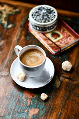 Cup of coffee on wooden background. Soft focus. Copy space	