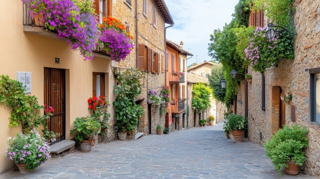 Fototapeta Charming Italian Street Scene: A picturesque narrow street in Italy, adorned with vibrant flower pots, inviting doors, and the warmth of sunlight.