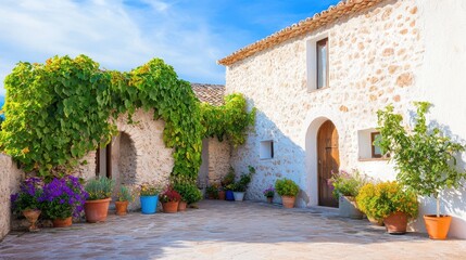 Fototapeta premium Cozy Mediterranean House in Sunlight: A charming Mediterranean-style house with stone walls and terracotta pots overflowing with colorful plants, all set against a brilliant blue sky.