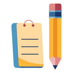 Whimsical cartoon pencil resting beside a small open notepad perfect for educational or creative advertising banners