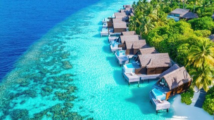 Serene Coastal Resort: A picturesque aerial view showcases an idyllic coastal resort, where luxurious bungalows with thatched roofs stand over the crystal-clear turquoise waters.