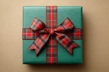 Festive green gift box with a red and plaid bow on tan background