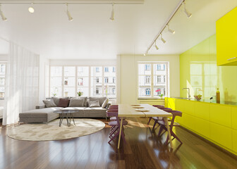Modern apartment interior with bright yellow kitchen cabinets and a spacious living room....