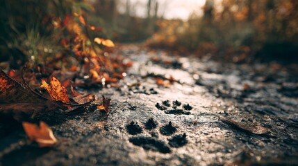Animal paw print on muddy forest pathway surrounded by autumn leaves