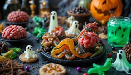 Halloween Candy and Monster Snacks. Spooky Halloween Treat Table. Creative and Fun Halloween Party Food