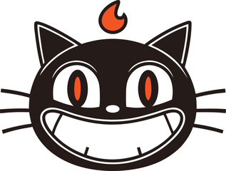 Fototapeta premium Black cat with orange flame and wide grin cartoon cat