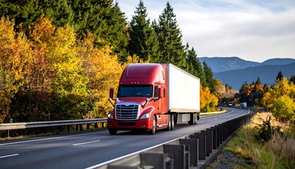 Red truck on highway with autumn trees