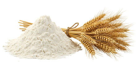 Pile of flour with wheat ears, a baking ingredient for bread and pastry isolated on transparent background